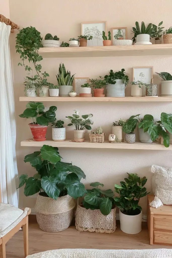 Plant Aesthetic Interior Decorating Ideas for a Fresh Home 5 Wall-mounted wooden shelves filled with trailing pothos and leafy stems against a blush-toned wall.