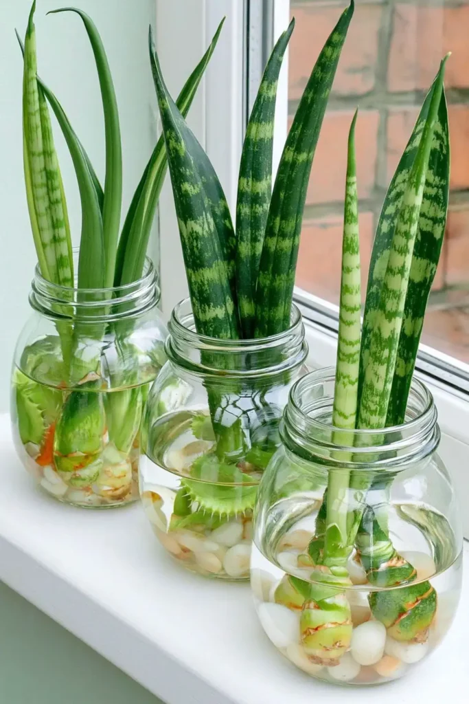 Three glass jars with snake plant cuttings arranged on a bright windowsill