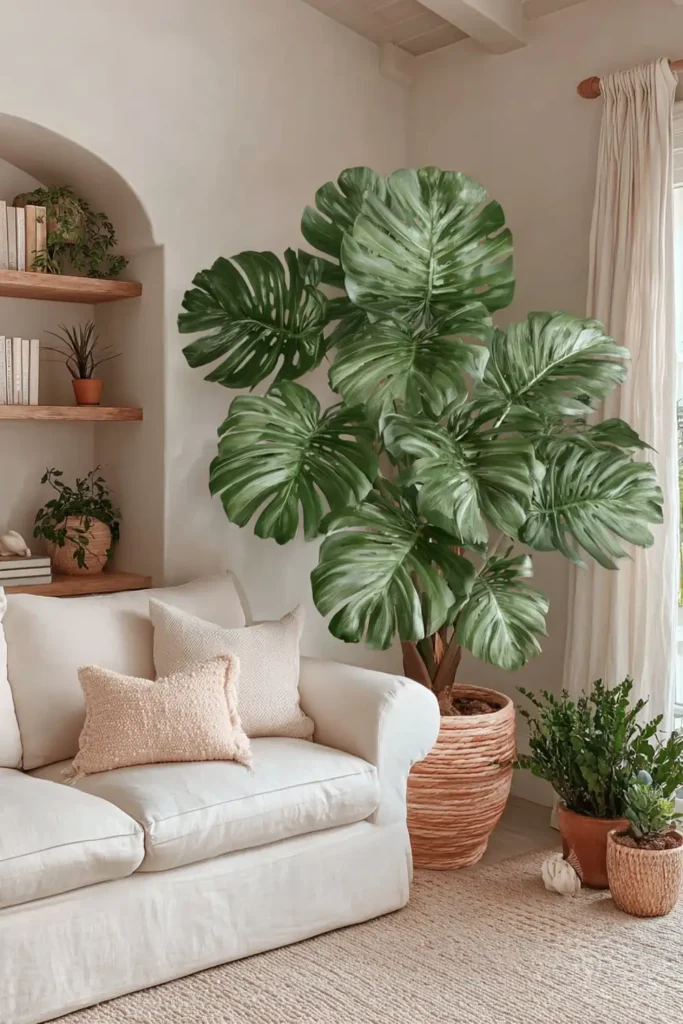 Plant Aesthetic Interior Decorating Ideas for a Fresh Home 4 Monstera plant with broad split leaves styled as a tropical focal point in a soft relaxed interior.