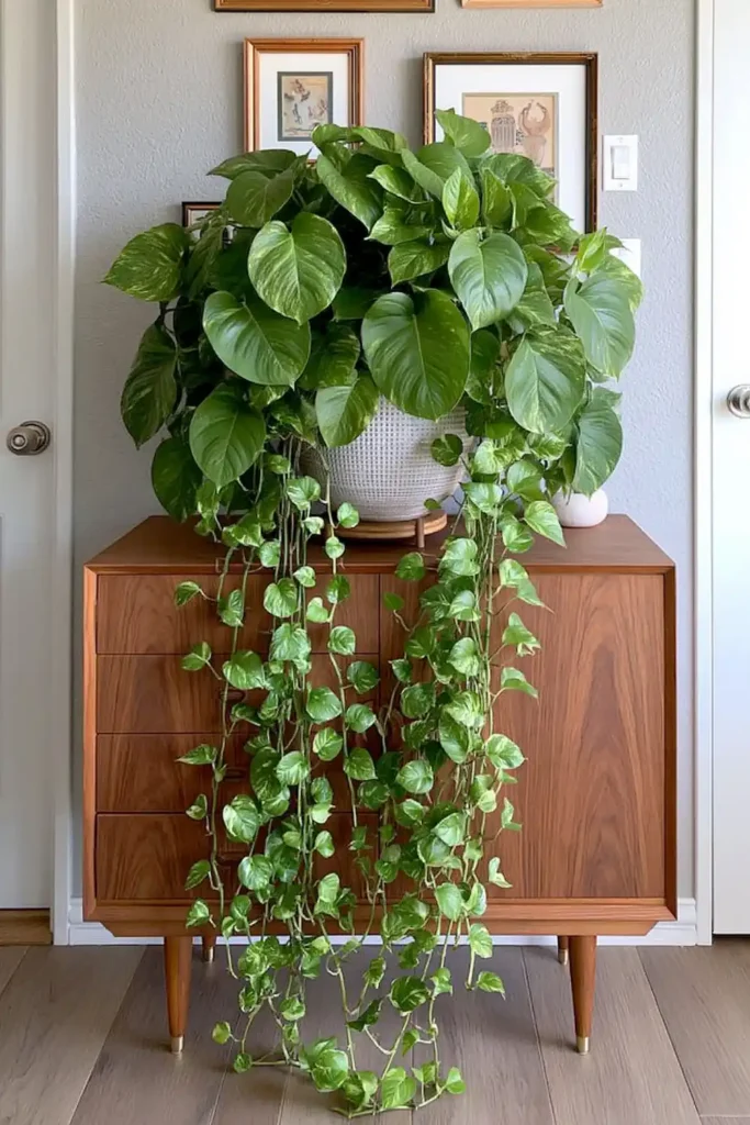 Large variegated pothos plant cascading over a wooden cabinet with framed wall art and wood flooring nearby.