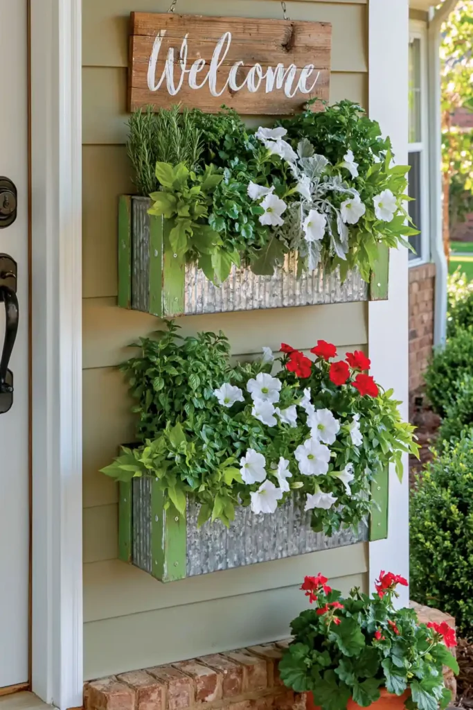 Two galvanized wall planters mounted on beige siding with herbs, white petunias, and red flowers near a white door