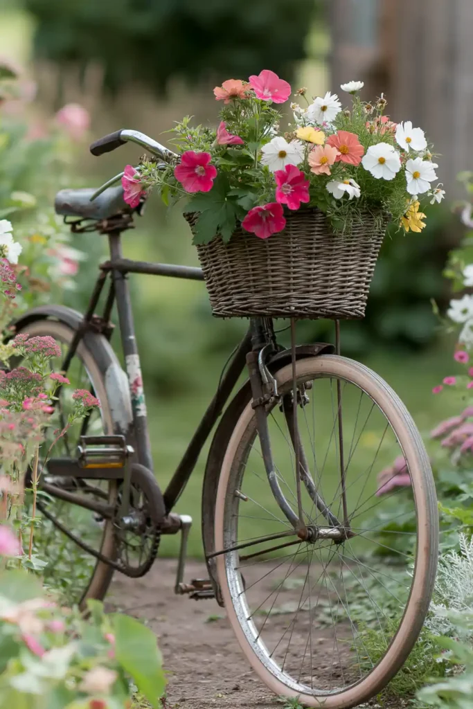 Vintage bicycle with a wicker basket overflowing with flowers in a lush garden