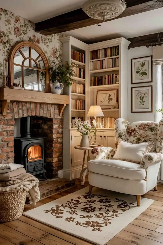 Vintage cottagecore living room with floral wallpaper, brick fireplace, black wood stove, floral armchair, arched mirror, bookshelves, and warm lamp light.