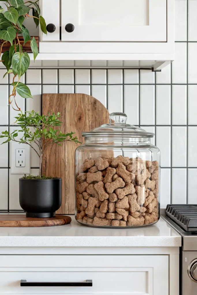 Clear lidded glass jar filled with dog treats on a kitchen counter with a wood cutting board, small plant, and white subway tile.
