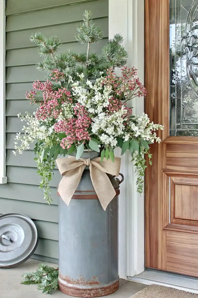 Rusty vintage milk can planter with greenery, white flowers, and berry stems beside a farmhouse front door.