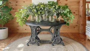 Vintage black sewing-machine-style table with glass jars of green leafy stems on a wooden floor against warm wood paneling.
