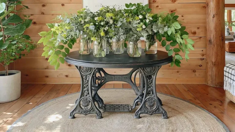 Vintage black sewing-machine-style table with glass jars of green leafy stems on a wooden floor against warm wood paneling.