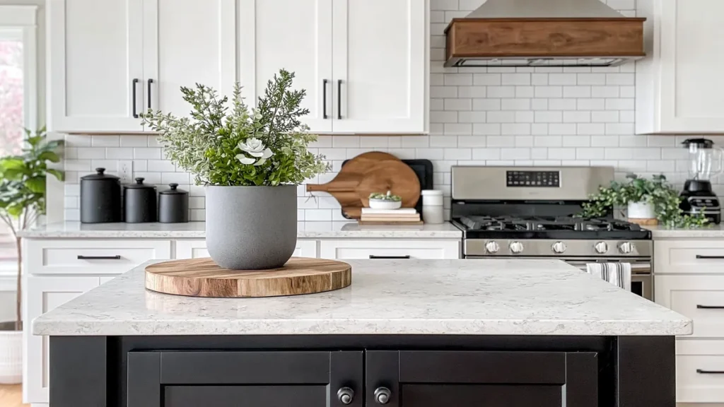 Warm tidy kitchen counter styling with a black island, white stone countertop, greenery, black canisters, blender, and layered cutting boards.