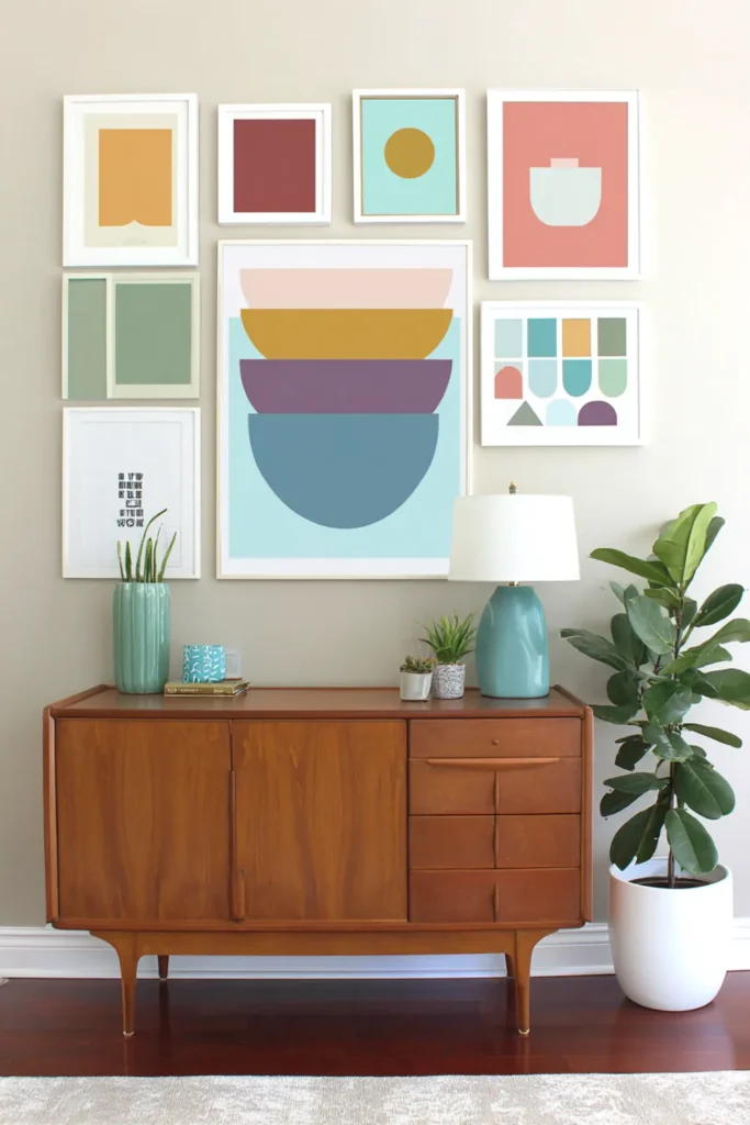 Brown credenza with an off-center cascading gallery wall and a white potted plant on the right side.
