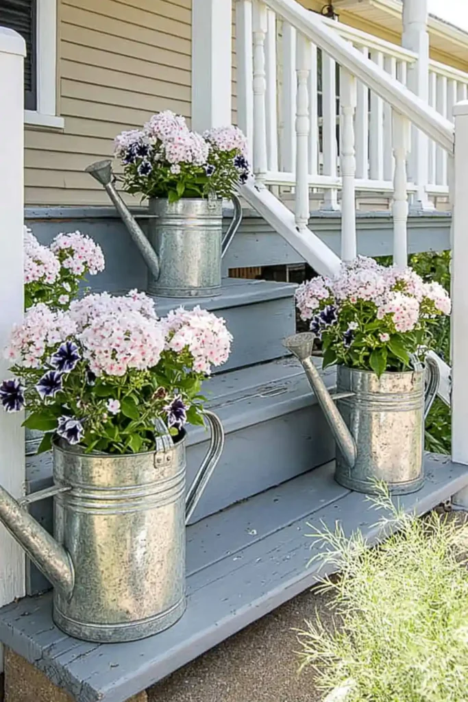 Galvanized watering can planters filled with pink and purple flowers arranged up farmhouse porch steps.