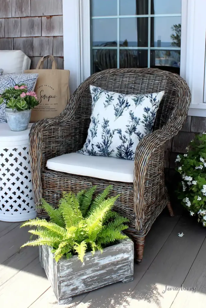 Fern in a weathered wooden box on a white round table beside a wicker chair on a farmhouse porch.