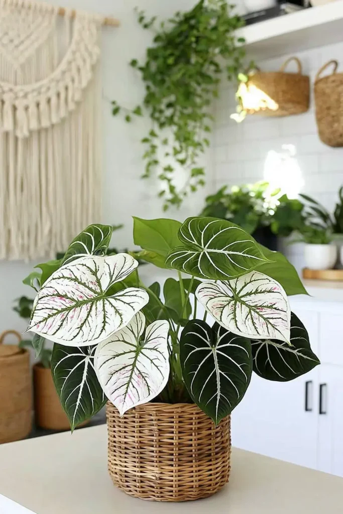 White Queen plant with pale veined leaves in a woven rattan basket on a sunny tabletop.