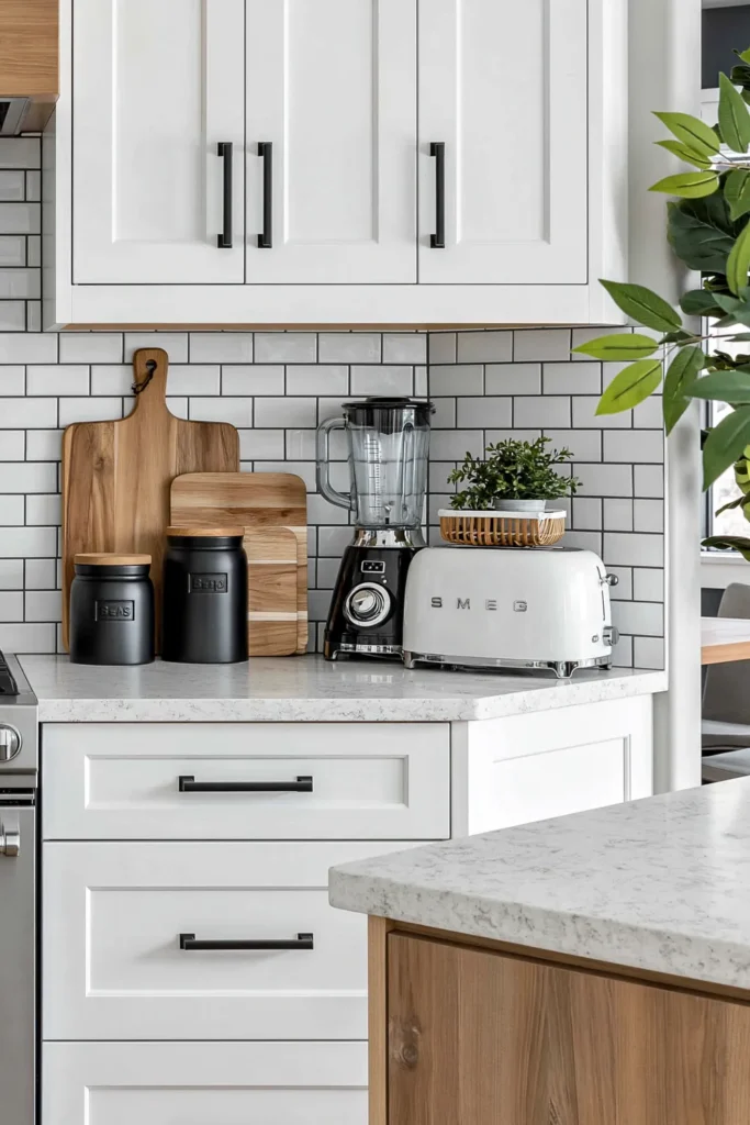 White Smeg toaster on a styled kitchen counter with black canisters, wooden cutting boards, a blender, and white subway tile.