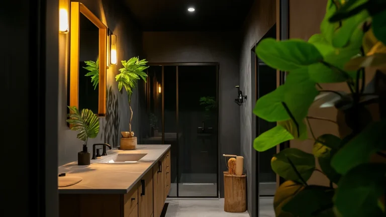 8 Windowless Bathroom Plant Decor Ideas That Actually Work 1 Warm moody bathroom with amber lighting, a long vanity, and a leafy plant near the sink