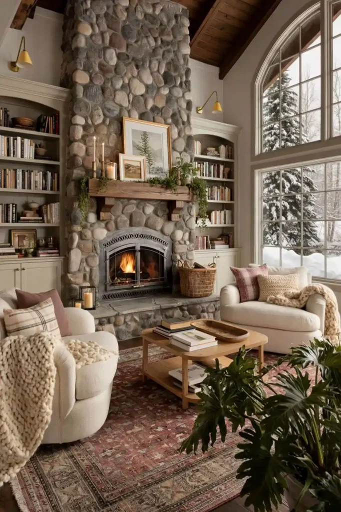 Winter cottagecore living room with tall stone fireplace, cream armchairs, chunky knit throws, built-in bookshelves, snowy window view, and warm firelight.