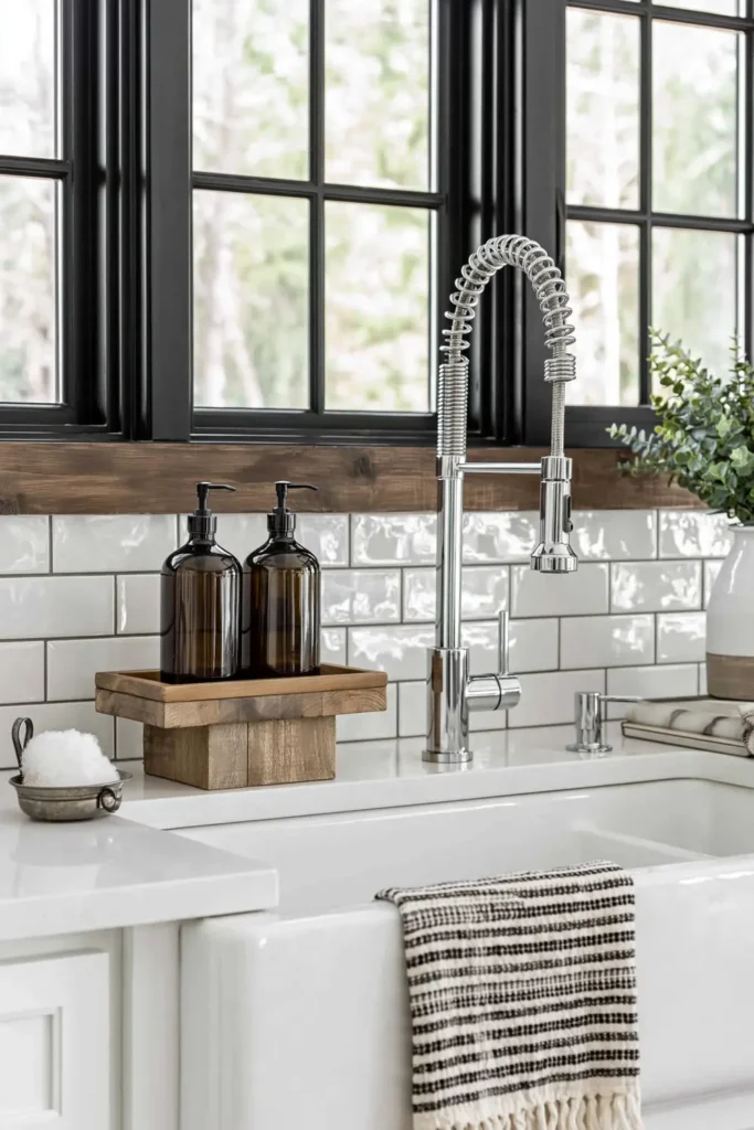 Amber glass soap dispensers on a small wood pedestal beside a white farmhouse sink with a chrome faucet and sponge holder.