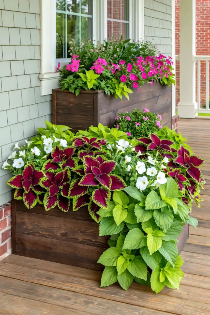 Dark wooden planter boxes filled with coleus, white flowers, and pink blossoms on a porch