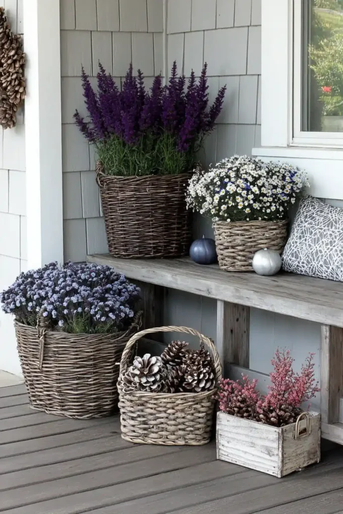 Wicker basket planters grouped around a weathered bench with purple flowers, berry stems, and pinecones on a farmhouse porch.