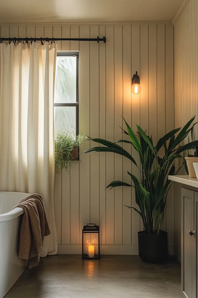 8 Windowless Bathroom Plant Decor Ideas That Actually Work 3 Wide low-light bathroom with a tall green plant near the shower and warm candle glow