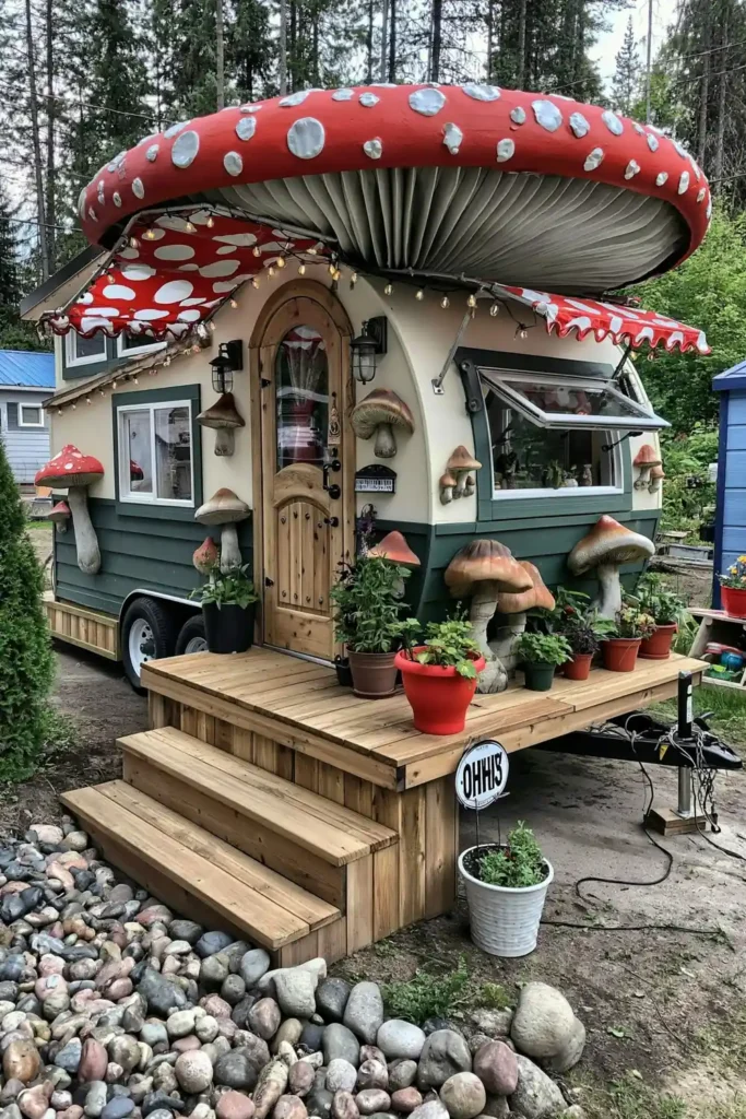 Brilliant Home Design Makeover Ideas for a More Personal Home 2 Cream and green whimsical camper with mushroom awning and potted plants for a cohesive home makeover idea