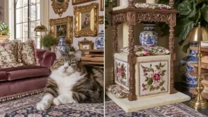 Vintage-inspired artistic cat shelves decor ideas with floral cushions, ornate frames, chinoiserie accents, and warm traditional styling.