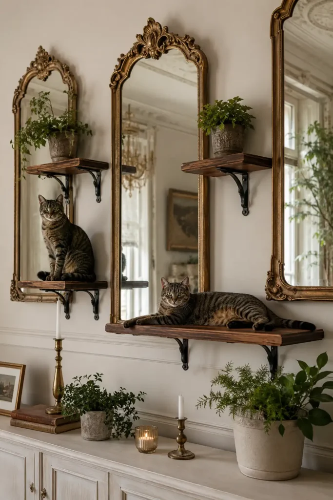 Artistic cat shelves decor ideas with wooden shelves, gold-framed vintage mirrors, small plants, candles, and elegant wall styling.