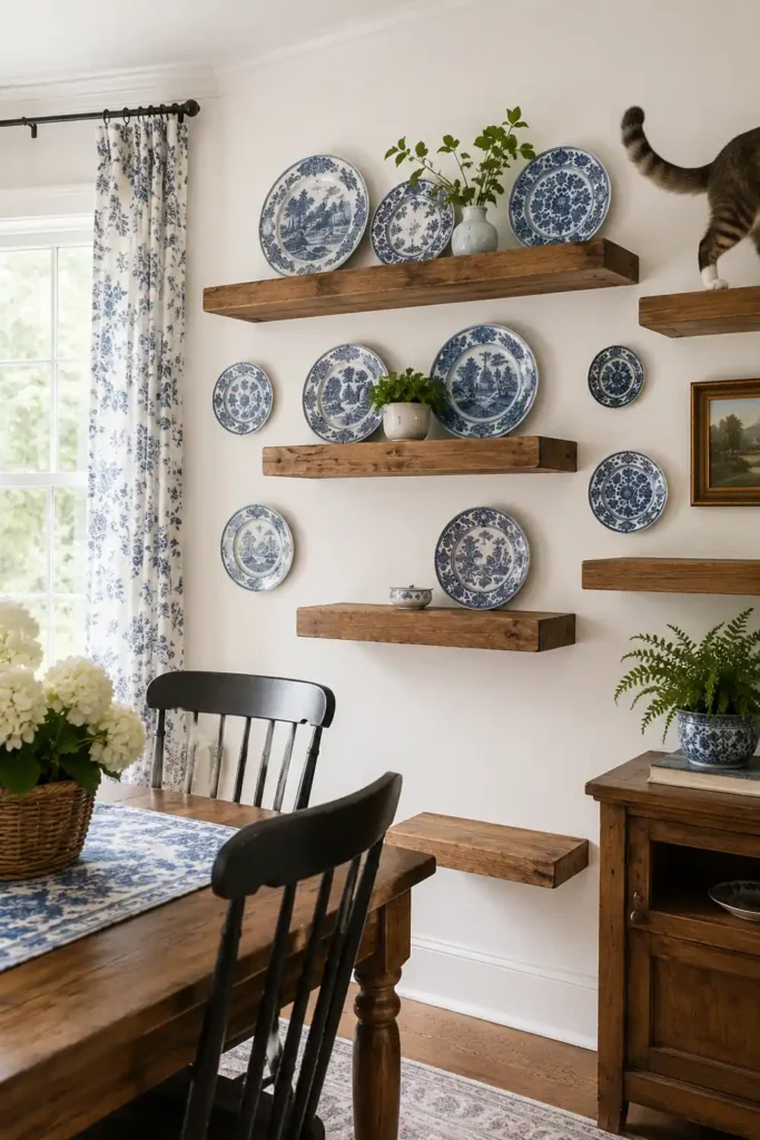 Artistic cat shelves decor ideas with wooden wall shelves, blue and white transferware plates, and a bright dining area display.