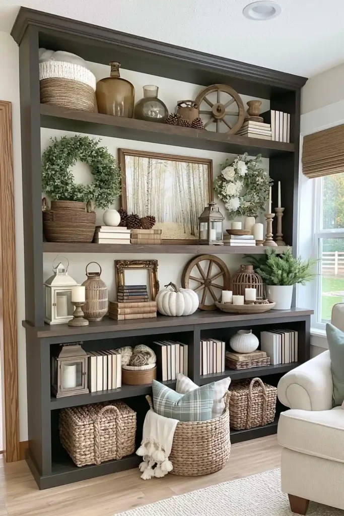 Autumn farmhouse shelves with layered golden art, amber glass, bronze glass, old books, baskets, lanterns, candles, and warm textures
