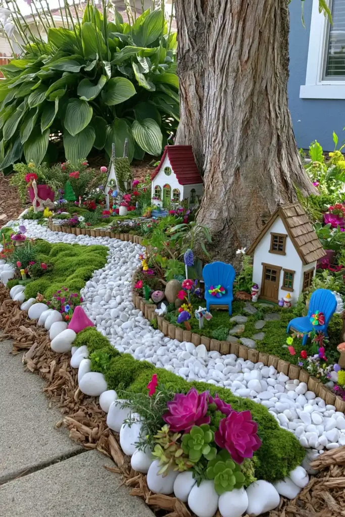 DIY Outdoor Fairy Garden Ideas for Tiny Backyard, Patio, and Seasonal Displays 2 Backyard fairy garden built around a tree with pebble paths, tiny houses, mossy areas, flowers, and bark mulch.