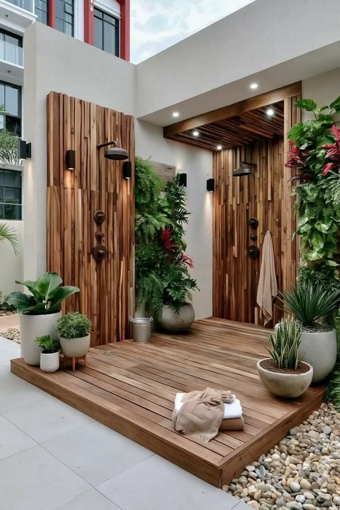 Brilliant Home Design Makeover Ideas for a More Personal Home 15 Backyard shower with vertical wood slats, dark fixtures, wooden platform floor, and potted plants