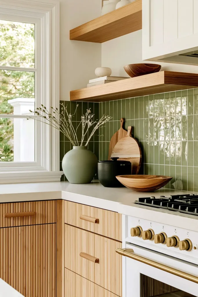 Modern sage kitchen with textured glossy glass backsplash, ribbed bamboo-style cabinetry, light counter, sage vase, black pot, and wooden bowl.