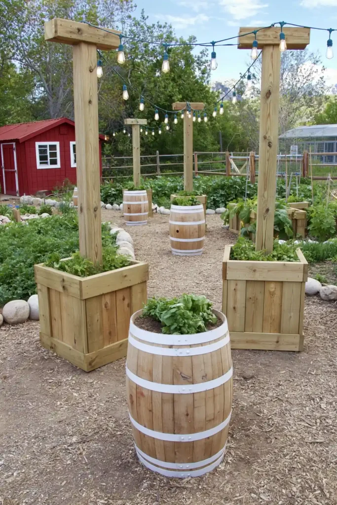20 Budget-Friendly Outdoor Landscaping Ideas for a Charming Yard 9 Barrel planters supporting warm string lights in an outdoor garden setting.