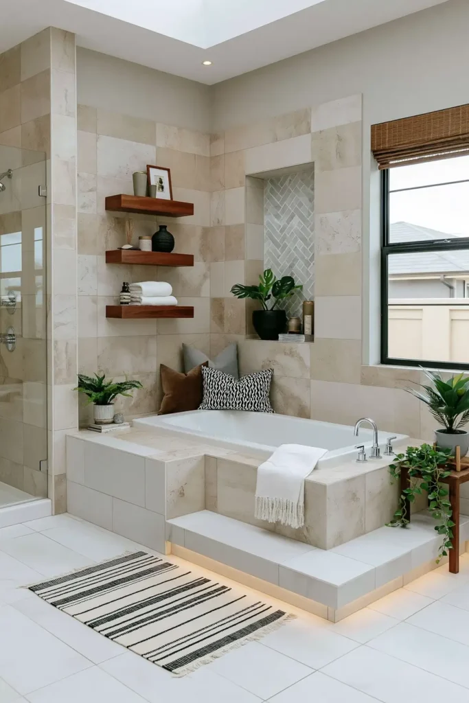 Brilliant Home Design Makeover Ideas for a More Personal Home 37 White bathroom with bathtub on a raised platform, striped bath mat, small plant, and soft under-step lighting