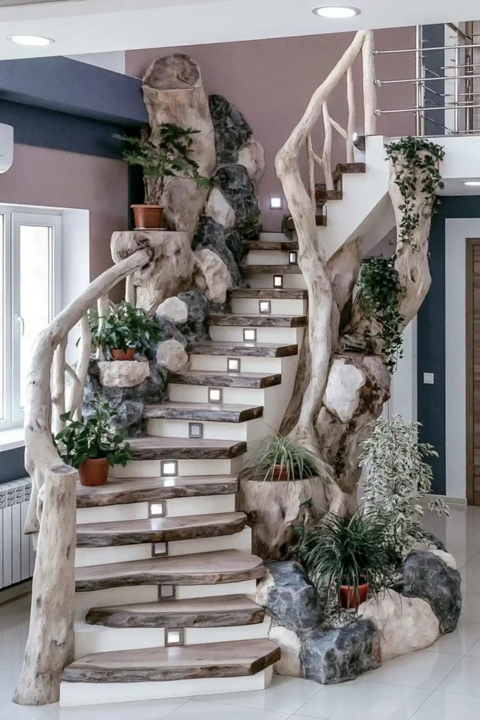 Brilliant Home Design Makeover Ideas for a More Personal Home 19 Indoor staircase with large sculptural natural wood trunks, live-edge stair treads, and plants