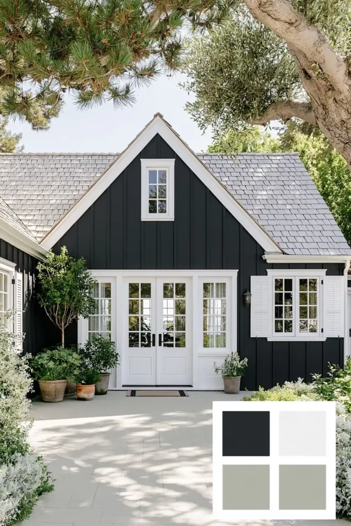 Classic Exterior Paint Color Combinations for a Timeless Home Look 3 Black painted home exterior with white shutters, French doors, gray roof, potted plants, and high contrast paint swatches.