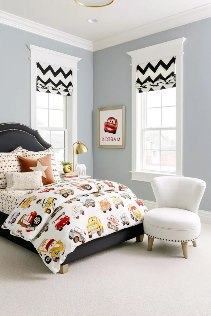 Child’s bedroom seating area with pale blue-gray walls and a white upholstered chair