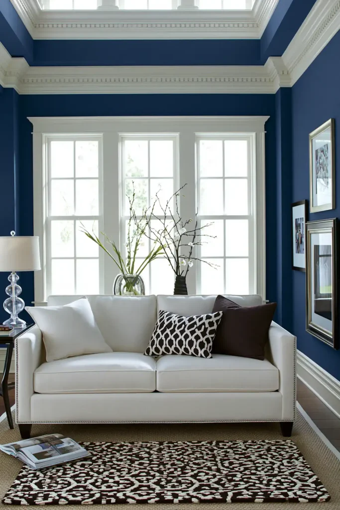Blue Heron living room with tall ceilings, white molding, large windows, and classic blue wall color.