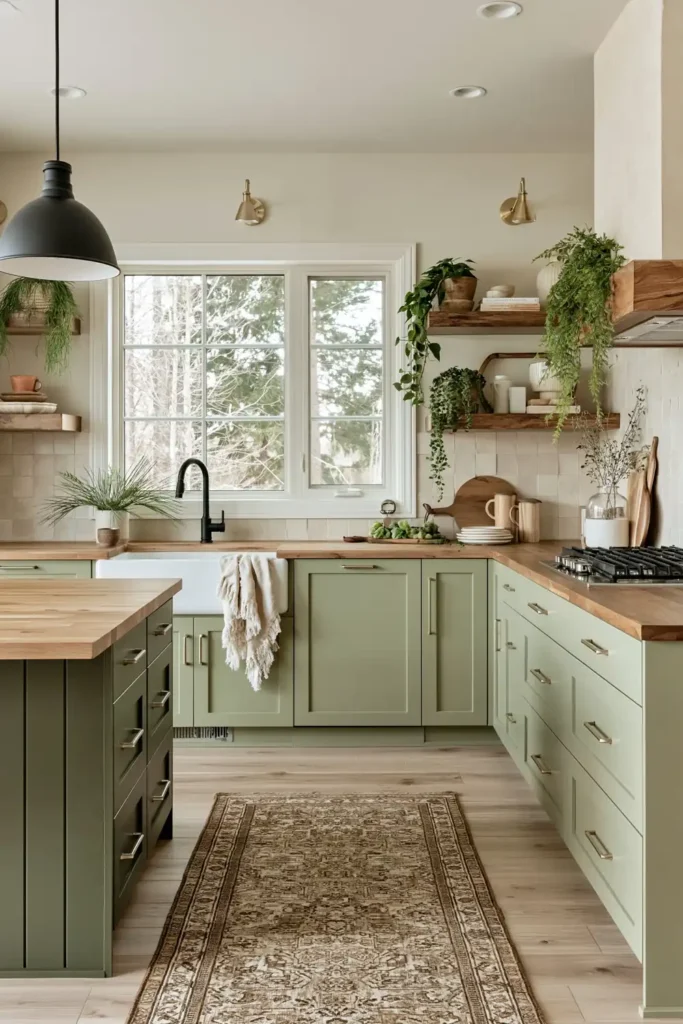 Bohemian sage kitchen with two-tone cabinetry, farmhouse sink, open shelves, wood countertop, black pendant, and small plants.