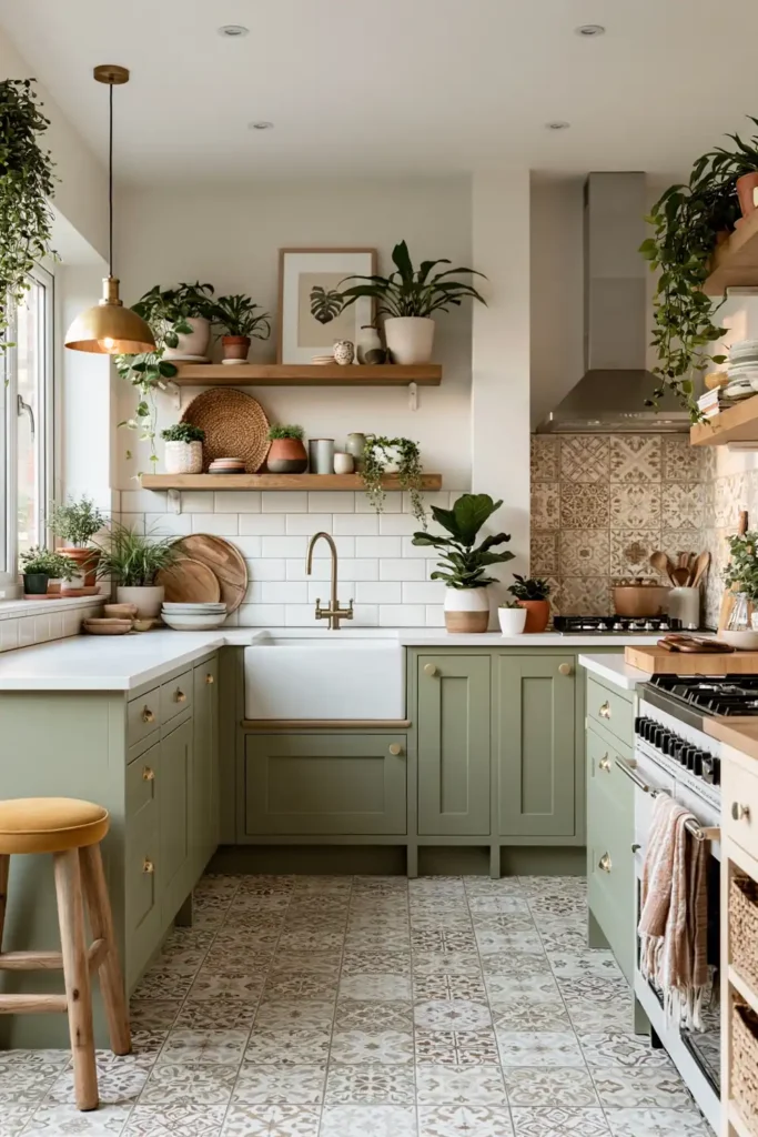 Deep green kitchen cabinetry with mustard stool, patterned tile floor, white sink, open shelves, plants, and brass pendant.