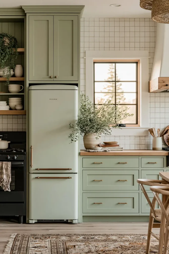 Tall sage refrigerator and range stack with sage cabinets, black range section, wood countertop, white tile, and open shelf.