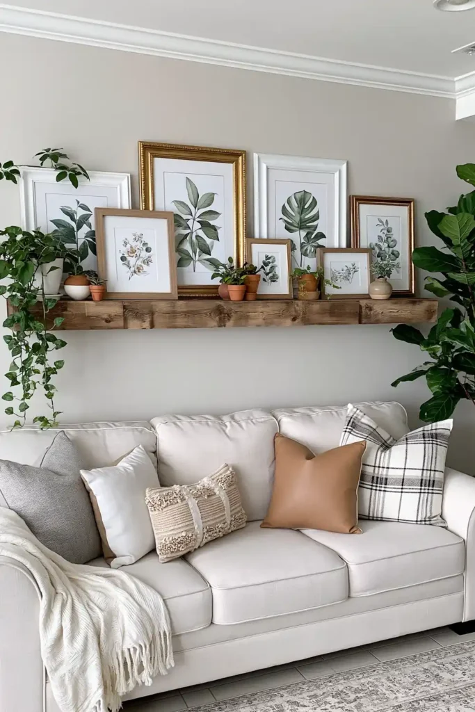 Botanical picture ledges above a sofa with framed plant prints, terracotta pots, clay pots, leafy plants, and trailing vines