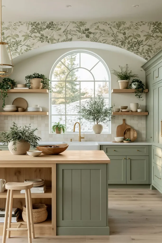 Sage kitchen with botanical wallpaper, arched window, light wood island, open shelving, plants, and woven basket.