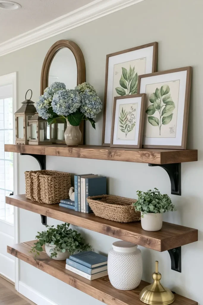 Farmhouse bracket shelves with blue hydrangeas, arched mirror, lanterns, botanical prints, rope basket, blue books, and brass accents