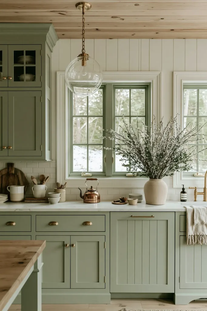 Sage kitchen counter with glass globe pendant, window pair, copper kettle, vase with branches, and white counter.