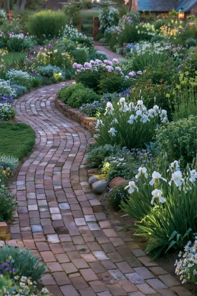 Stunning Garden Walkway Layout Ideas for a Beautiful Outdoor Path 16 Brick garden path with pink peonies, white irises, vibrant blooms, and lush cottage-style greenery.
