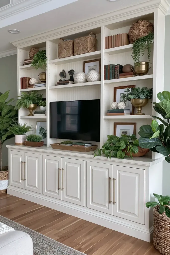 Bright white farmhouse built-ins around a TV wall with brass hardware, woven baskets, books, brass planters, framed pieces, and green plants