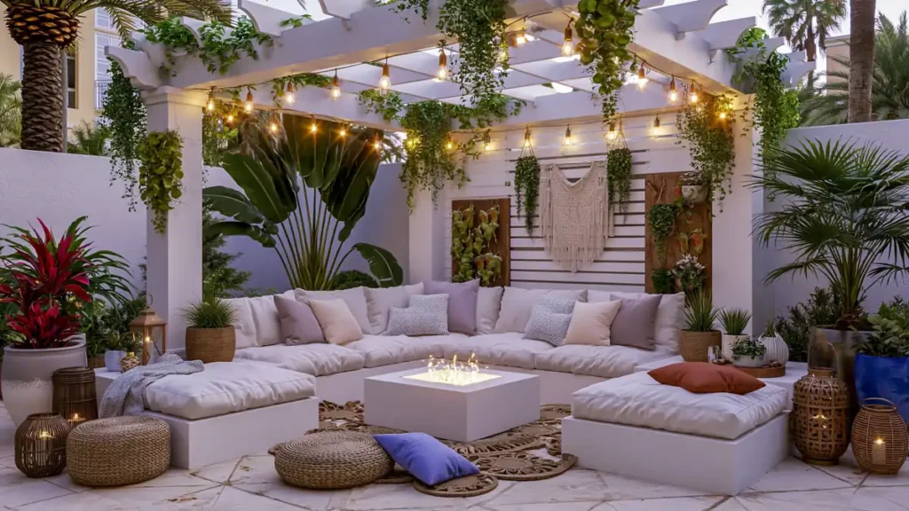 Brilliant Home Design Makeover Ideas for a More Personal Home 43 White pergola lounge with sectional seating, warm string lights, greenery, privacy wall, and low fire feature