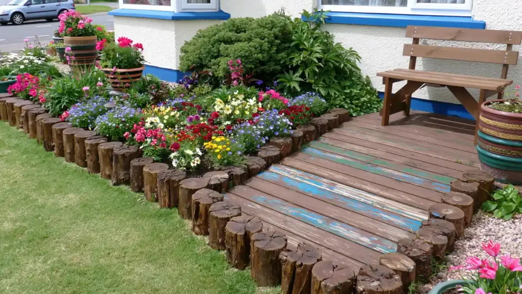 20 Budget-Friendly Outdoor Landscaping Ideas for a Charming Yard 22 Inviting backyard garden with a wooden path, rustic flower bed, bench, and layered planters.