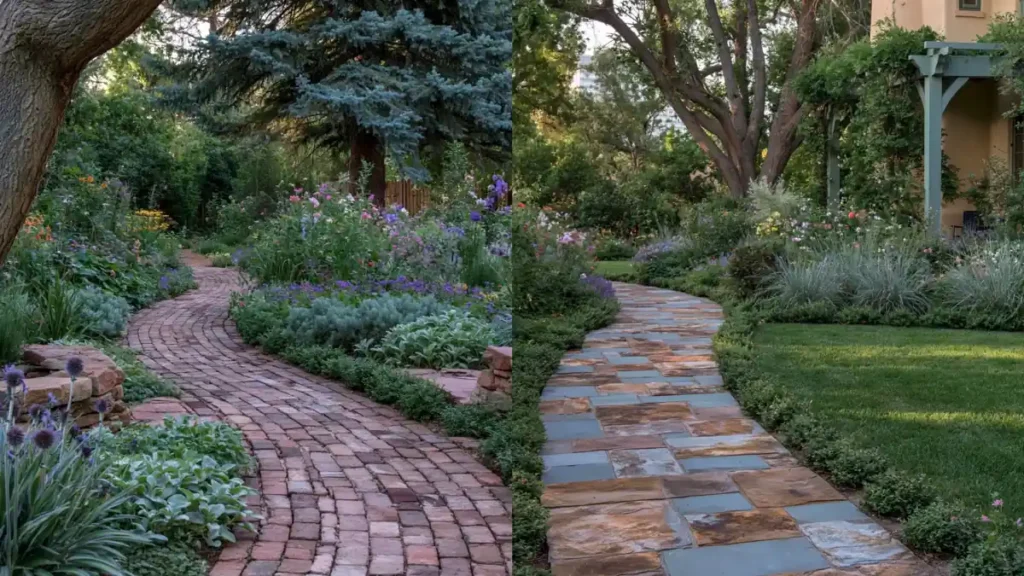 Stunning Garden Walkway Layout Ideas for a Beautiful Outdoor Path 28 Inviting garden walkway with natural stone, lush greenery, colorful flowers, and soft cottage-style planting.
