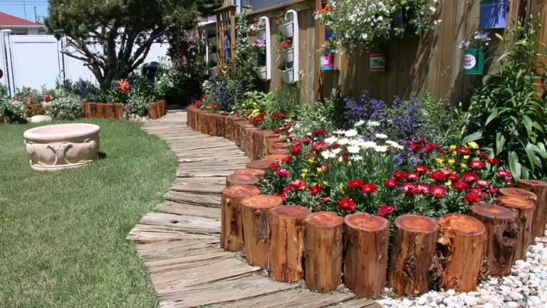 Budget-friendly outdoor landscaping ideas with a wooden garden path, rustic flower bed, vertical planters, and a small stone fire pit.